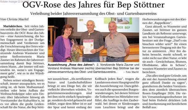 Auszeichnung mit der "Rose des Jahres" an Josef Stöttner durch den OGV Mariakirchen