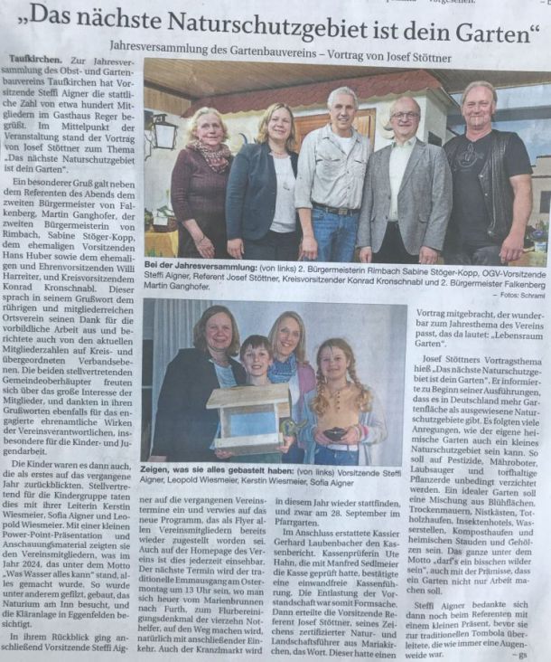 Zeitungsbericht im Rottaler Anzeiger am 28.03.2025 von Mitgliederversammlung OGV Taufkirchen mit Referent Josef Stöttner